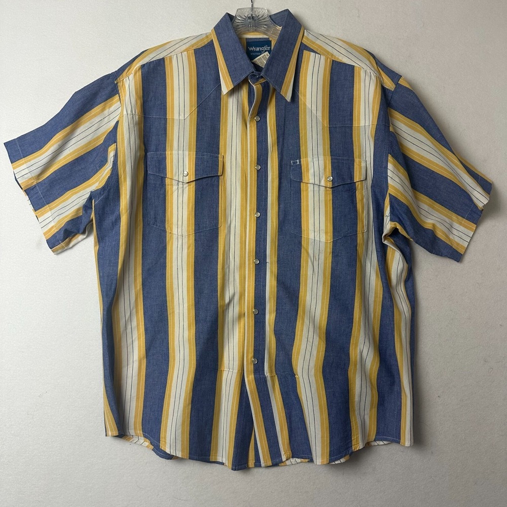 Wrangler Western Shirt XL Blue Yellow Striped Short Sleeve Pearl Snap Cotton